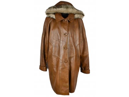 KOŽENÝ dámský hnědý kabát s odnimatelnou vložkou a kapucí XXXL