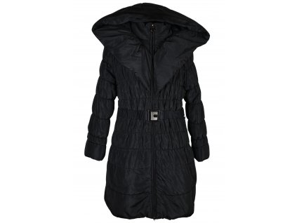Dámský černý prošívaný kabát s páskem a kapucí XL