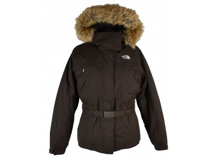 Péřová dámská hnědá bunda s páskem a kapucí THE NORTH FACE S