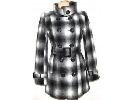 Vlněný dámský šedočerný kabát s páskem, límcem M