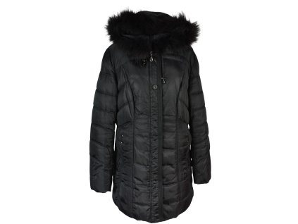 Dámský černý prošívaný kabát s kapucí s pravou kožešinou Rosse Line L