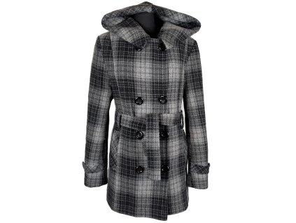 Vlněný (80%) dámský šedočerný zimní kabát s páskem a kapucí L, XL