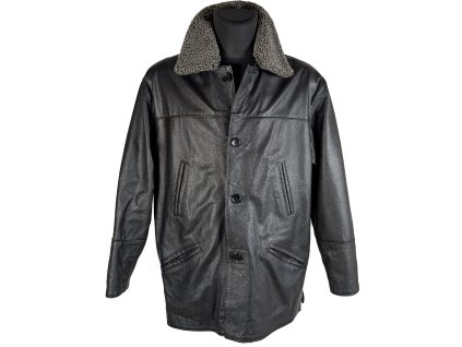 KOŽENÁ pánská černá zateplená bunda s kožíškovým límcem XL/XXL