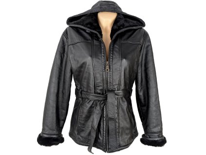 KOŽENÝ dámský černý zimní kabát s páskem a kapucí Wilsons Leather S