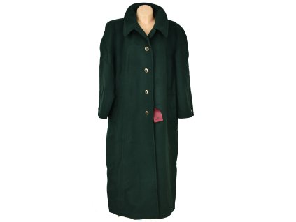 Vlněný (100%) dámský dlouhý lahvově zelený kabát Profashion XXXL+