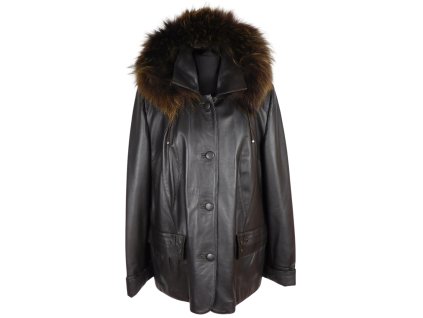 Kožená dámská tmavě hnědá bunda s pravou kožešinou K STYLE XXL*