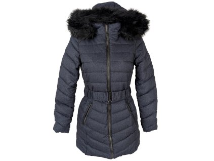 Dámský modrý prošívaný kabát s páskem a kapucí CAMAIEU 10/38