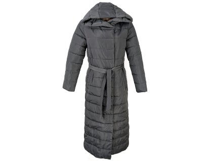 Dámský šedý dlouhý prošívaný kabát s páskem a kapucí Reserved S