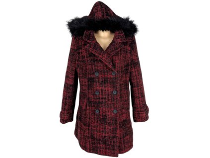 Vlněný (75%) dámský černo-červený kabát s kapucí (vlna, kašmír) 46