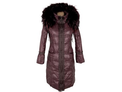 Péřový dámský fialový kabát s kapucí s pravou kožešinou Rufuete S