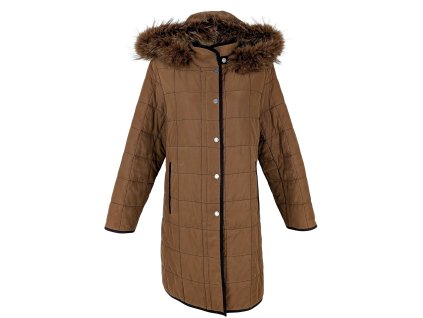 Dámský hnědý prošívaný zimní kabát s kapucí s pravou kožešinou L
