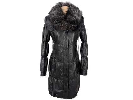 KOŽENÝ dámský černý prošívaný zimní kabát s pravou kožešinou KARA M