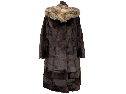 Pravý dámský hnědý dlouhý kožich s kapucí KARA M
