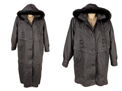 KOŽENÝ dámský hnědý kabát s nastavitelnou délkou a odnímatelnou zimní vložkou XXL