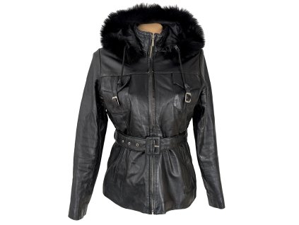 KOŽENÝ dámský černý kabát s páskem a kapucí s pravou kožešinou MAX M