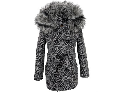 Vlněný (70%) dámský zimní kabát s páskem a kapucí Lynx (vlna, kašmír) 36