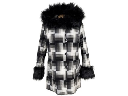 Kašmírovo-vlněný dámský zimní černobílý kabát s kapucí MODINI XL