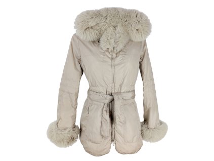 Péřový dámský béžový kabát s páskem a kapucí s pravou kožešinou BluMarine S