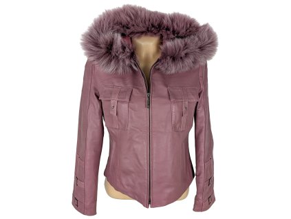 KOŽENÁ dámská růžová bunda s kapucí s pravou kožešinou M