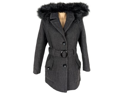 Dámský šedý zimní kabát s páskem a kapucí Natalia S