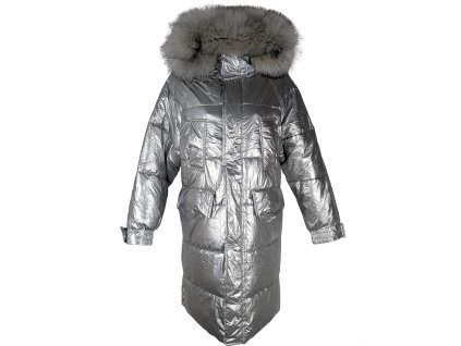 Dámský dlouhý stříbrný prošívaný kabát s kapucí K.Zell S