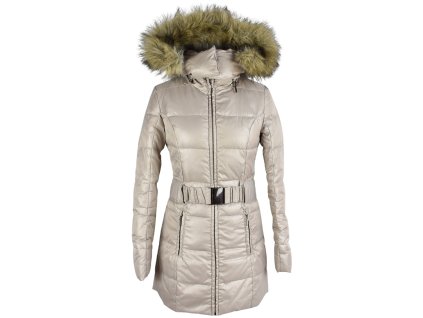 Péřový dámský krémový kabát s páskem a kapucí Camaieu 36