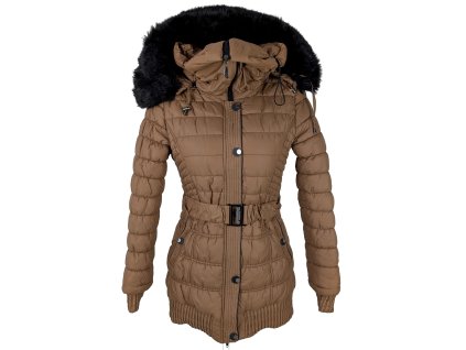 Dámský hnědý prošívaný kabát s páskem a kapucí Go-Start S
