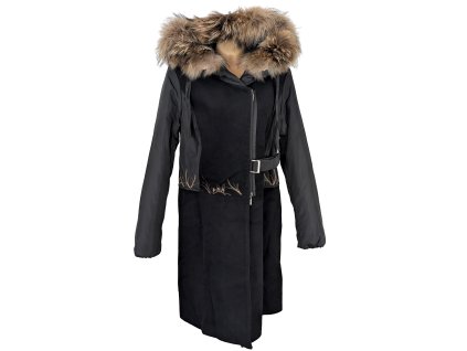 Vlněný (70%) dámský černý extravagantní kabát s kapucí s pravou kožešinou Moda Marlene (vlna, kašmír) 44 - 46