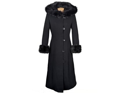 Vlněný (80%) dámský černý dlouhý kabát s kapucí Andmar S