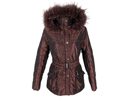 Dámský vínový prošívaný kabát s kapucí s pravou kožešinou Anorac 36, 42