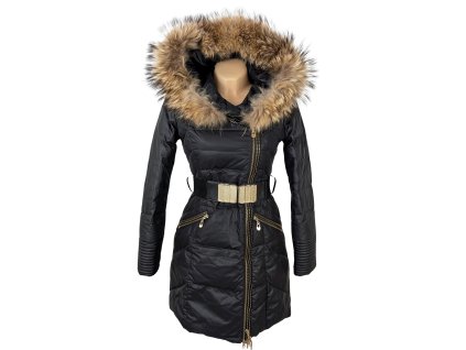 Péřový dámský černý prošívaný kabát s páskem a kapucí s pravou kožešinou Rachel Roy XS