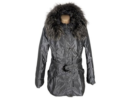 Dámský stříbrný prošívaný kabát s kapucí s pravou kožešinou LUO LUO M