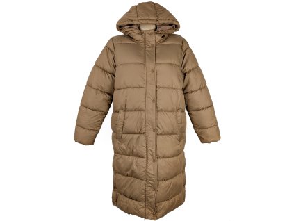Dámský hnědý prošívaný dlouhý kabát s kapucí ONLY XL