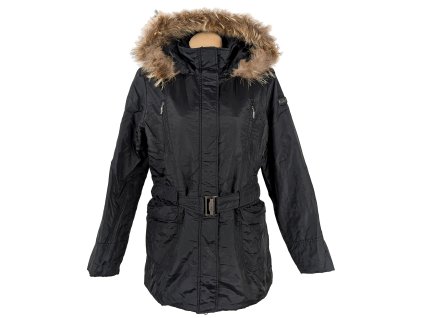 Dámský černý prošívaný zimní kabát s kapucí s pravou kožešinou City Mountain Passion L