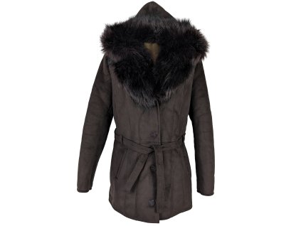 Dámský hnědý zimní kabát s páskem a kapucí L