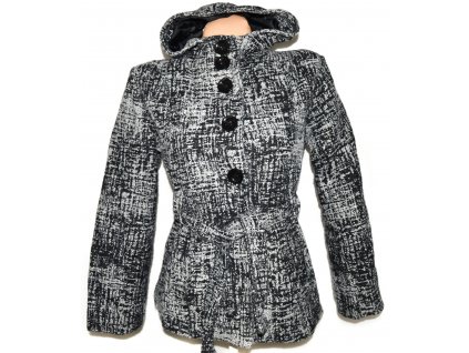 Vlněný dámský šedočerný kabát s páskem a kapucí