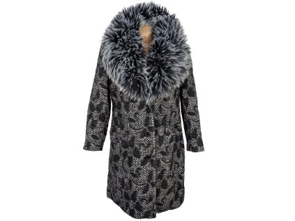Vlněný dámský šedočerný kabát s kožešinou (vlna, kašmír) XL