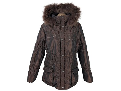 Dámský hnědý prošívaný kabát s kapucí s pravou kožešinou Anorac 46