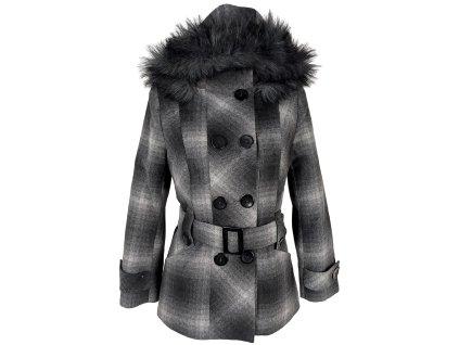Vlněný (80%) dámský šedý zateplený kostkovaný kabát s páskem a kapucí S