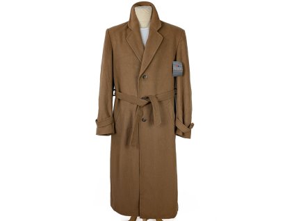Vlněný (80%) pánský hnědý dlouhý kabát s páskem 50