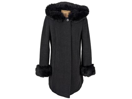 Vlněný (70%) dámský šedočerný zimní kabát s kapucí Ortel XL