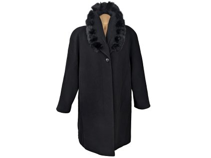 Vlněný (60%) dámský černý zimní kabát s pravou kožešinou SMode (vlna, kašmír) 52