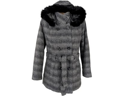 Dámský šedočerný zimní kabát s páskem a kapucí s pravou kožešinou XL