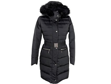 Péřový dámský černý kabát s páskem a kapucí MANGO M