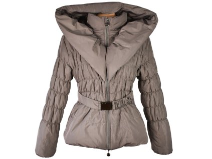 Dámský hnědý cappuccino prošívaný kabát s páskem a límcem S-M