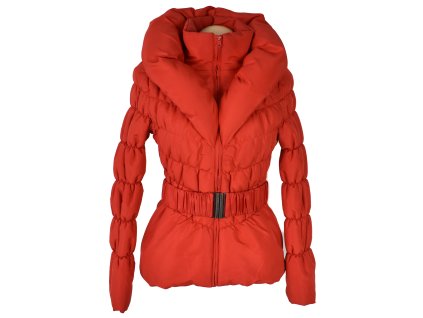 Dámský červený prošívaný kabát s páskem a límcem S
