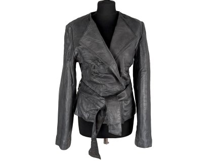 KOŽENÝ dámský šedý kabát s páskem M