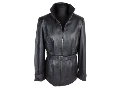 Kožená dámská černá bunda s páskem KARA   M*