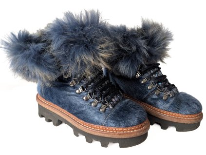 Celokožené dámské modré boty s pravou kožešinou 37