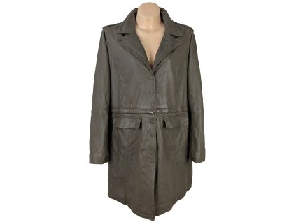 KOŽENÝ dámský khaki zelený kabát BPC Premium 20/46